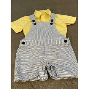 Nautica Collared Yellow Shirt & Blue Striped Overall Shorts 12M EUC